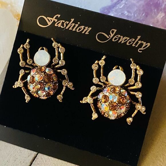 Spider Brass Top Crystal Multi Color Earrings - Picture 3 of 5